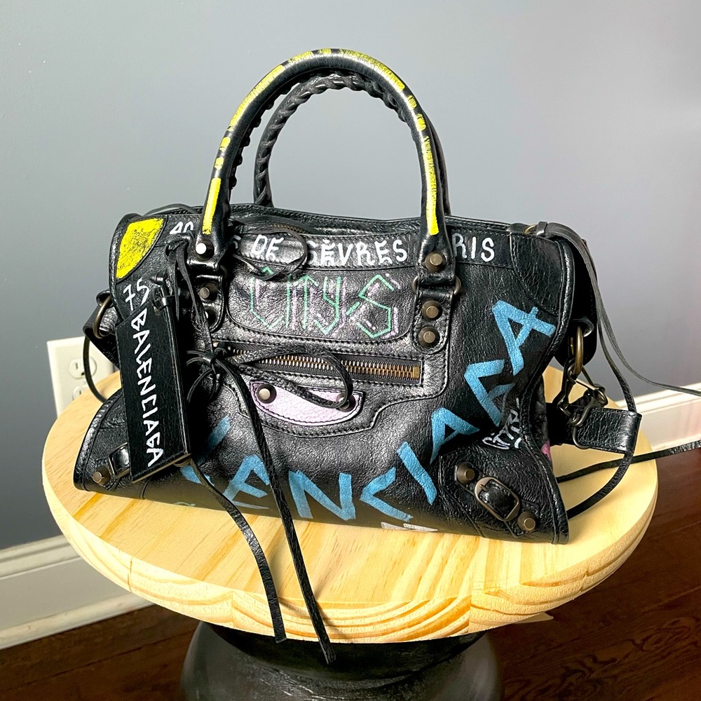 Balenciaga City Graffiti Classic Studs Bag Leather Small